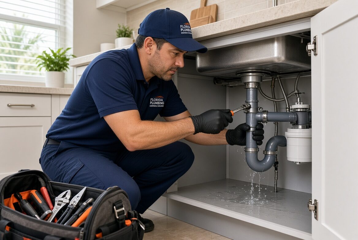 Emergency plumber fixing burst pipe under sink in Cape Coral FL