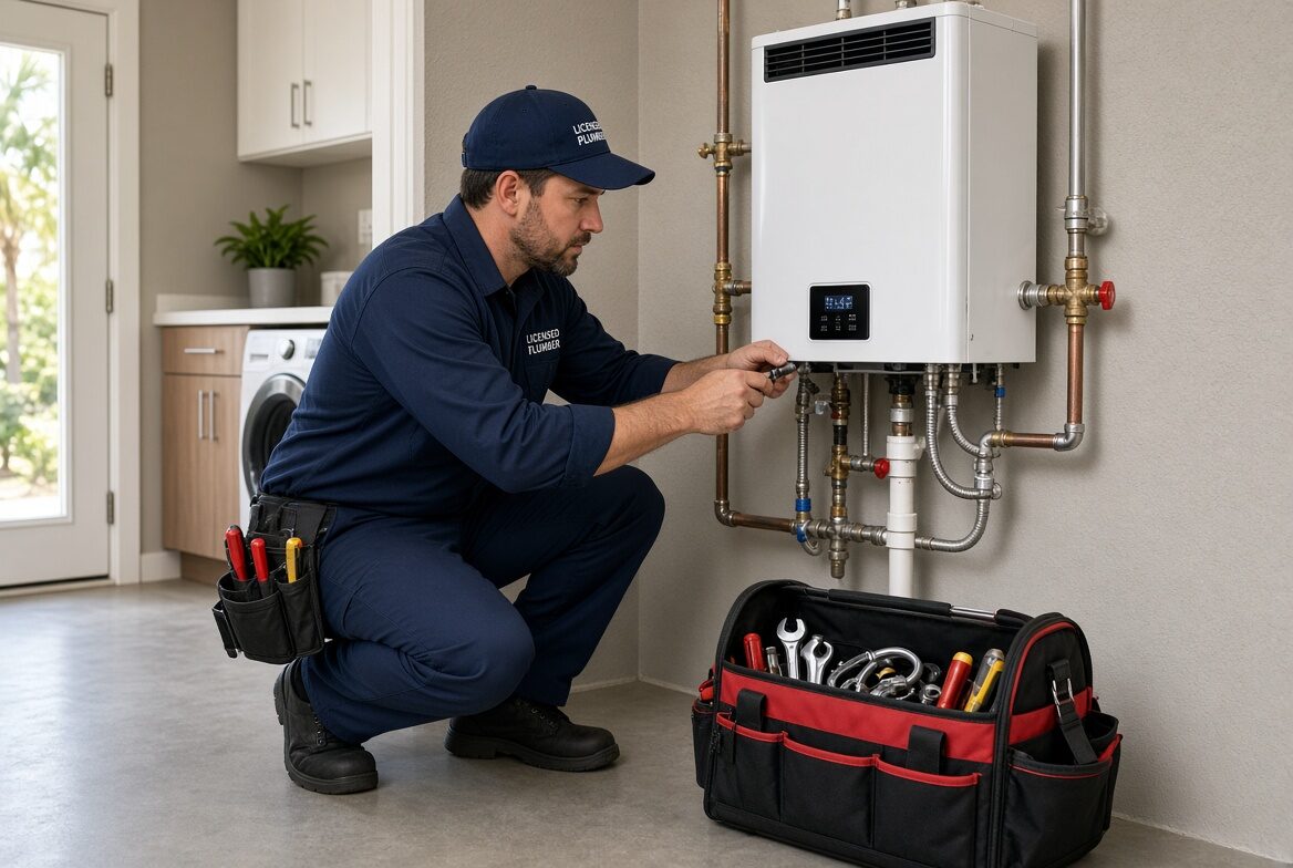 Licensed Cape Coral plumber repairing tankless water heater — same-day service